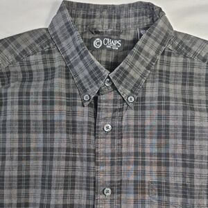 Chaps Men's Black And Gray Plaid Button Down Short Sleeve Shirt